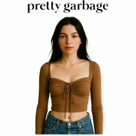 Brown Split Sleeve Keyhole Top by Pretty Garbage S - Picture 1 of 14